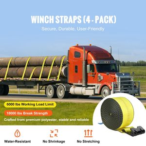 Sangles de treuil 4 po x 30 po avec capacité de charge de 6 000 lb et résistance à la rupture de 18 000 lb, attaches à cliquet à crochet plat pour camions à plateau et marchandises - Product Image 2