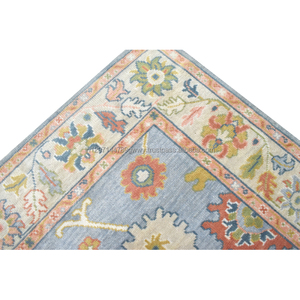 Tapis de Coureur Oushak Moderne Fait à la Main Beige Bleu Design Floral pour Salon Bureau ou Hall - Product Image 1
