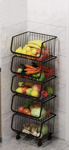 OEM/ODM Vietnam 5-Tier <b>Stackable</b> Metal Fruit Vegetable Storage Rack Kitchen <b>Basket</b> Shelf with Lockable Casters - Product Image 4