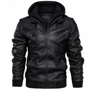 Chaqueta de cuero para hombre, estilo motero, talla grande, color marrón, informal, con capucha, corte ajustado, cierre de cremallera, cuello alto, estilo biker, para invierno - Product Image 1