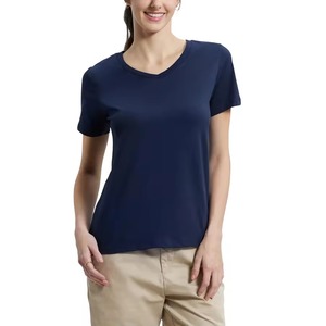 T-shirts personnalisés brodés avec logo pour femmes, col en V, manches courtes, coton respirant, uni, décontracté, t-shirts basiques, hauts pour femmes. - Product Image 1