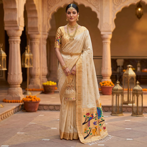 Sari en soie crème avec broderies de paons et de fleurs pour femmes, tenue de mariage traditionnelle, style indien - Product Image 4