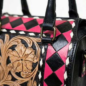 2026 New Luxury 100% Genuine <b>Leather</b> Mini Speedy <b>Duffle</b> <b>Bag</b> With Floral Tooling Pink With Black Checkered Pattern Zipper Closure - Product Image 4