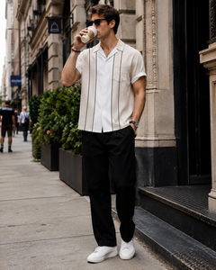 Chemise moderne couleur crème avec blocs de couleur, design simple à panneaux et manches courtes, style boutonné sur le devant - Product Image 6