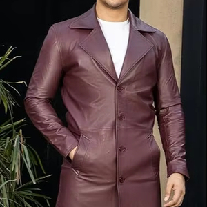 Veste en cuir sur mesure pour homme, manteau long noir à col, quatre poches, fermeture éclair, veste en cuir de motard, veste longue pour homme - Product Image 1