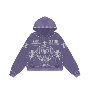 Sudadera con capucha de invierno de 420 GSM, de algodón y poliéster de alto gramaje, con lavado ácido, cremallera completa, bordado personalizado y logotipo de pedrería. - Product Image 1