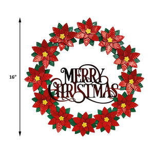 Festive Metal Merry Christmas Wreath Featuring Red Poinsettia Flowers and Green Leaves, Vibrant Holiday <b>Front</b> <b>Door</b> <b>Decoration</b> - Product Image 3