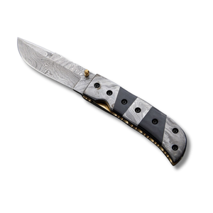 Couteau de poche Damas haut de gamme, couteau pliant avec manche en métal et G10, couteau pliant de luxe, lame Damas avec étui en cuir - Product Image 5