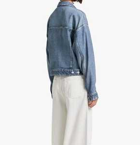 Wholesale <b>Women's</b> Distressed <b>Cropped</b> Denim Jacket Washed Blue Frayed Hem Long Sleeve Casual <b>Jean</b> Coat - Product Image 6