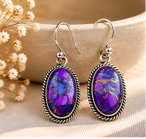 Pendientes Colgantes de Cobre Púrpura con Turquesa y Plata, Estilo Vintage, Ovalados, con Gemas de Matriz Azul Púrpura, Joyería al por Mayor - Product Image 1