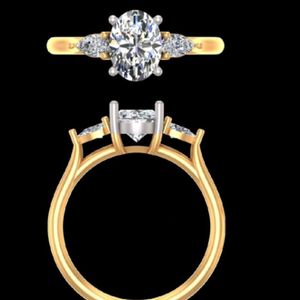14k 18kYellow Gold Oval Lab Grown Diamond Three <b>Stone</b> Engagement Ring Pear Side Stones Bridal Wedding Fine Jewelry for Women - Product Image 1