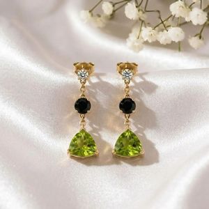 Designer Peridot Trillion Cut & Black Obsidian Drop <b>Earrings</b> With CZ Accent Minimalist Gemstone <b>Stud</b> Dangle <b>Earrings</b> Handmade - Product Image 2