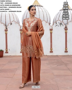 Ensemble élégant Kurta et pantalon palazzo brodé, couleur pêche chatoyante, à séchage rapide, longueur ras du sol, pour femme, idéal pour les mariages et les fêtes, tailles S-3XL - Product Image 3