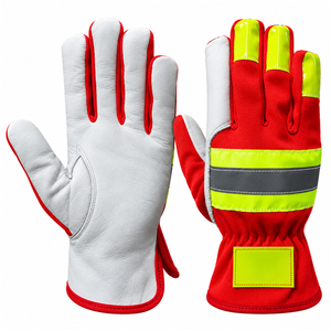 High Visibility <b>Red</b> Assembly Work <b>Gloves</b> Reflective Striped Back Yellow Finger Tips Leather Palm Roadway Maintenance Wear - Product Image 1