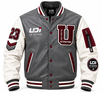 Veste universitaire en cuir gris sur mesure avec manches blanches, patchs d'aigle brodés, veste de baseball Letterman, fabricant OEM