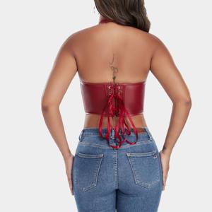 Soutien-gorge sexy grande taille en cuir uni pour boîte de nuit avec bretelles croisées, maintien élevé, coussinets amovibles et décolleté en U pour femme - Product Image 4