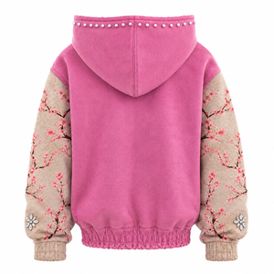 Sweat-shirt surdimensionné rose personnalisé avec fermeture éclair, motif floral de cerisier japonais, manches ornées de strass, style streetwear vintage - Product Image 2