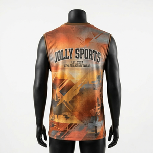 Camiseta sin mangas de poliéster de alta calidad que absorbe la humedad, con estampado naranja y logotipo personalizado, camiseta 100% algodón para hombre, corte holgado, estampada. - Product Image 5