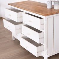 Commode 6 tiroirs style royal Vandana en acacia blanc Equinoxe avec plateau naturel