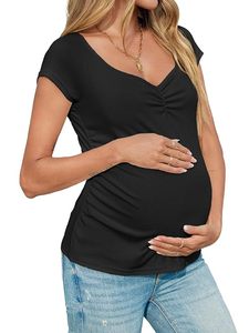 Camiseta de Maternidad Negra para Mujer, Cuello Redondo Fruncido, Manga Corta, Tejido Casual, Transpirable, Color Sólido - Product Image 2