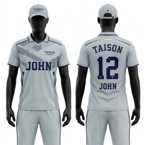 Mens <b>Cricket</b> Jersey 160 GSM Premium Interlock Polyester Breathable <b>White</b> Grey Side Panels Custom Heat-Transfer Printing Short - Product Image 1