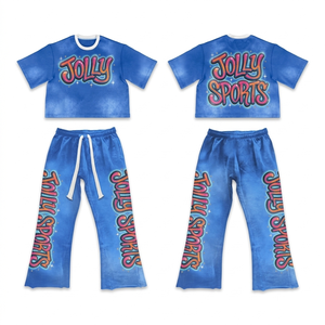 Ensemble femme t-shirt et pantalon en coton poly doux 220 GSM de haute qualité, imprimé graphique bleu délavé, logo sublimation, style décontracté - Product Image 4
