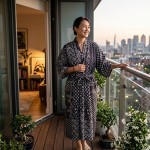 เสื้อคลุมกิโมโนผ้าฝ้ายสำหรับผู้หญิง เสื้อคลุมอาบน้ำพิมพ์ลายสีดำ แขนยาว คอวี มีเข็มขัด ชุดนอน มีกระเป๋า - Product Image 3