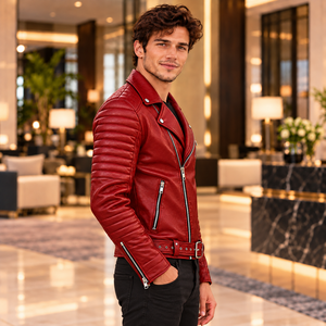 Rote Lederjacke für Herren aus echtem Leder mit Gürtel, Reverskragen und gesteppten Ärmeln, klassische Bikerjacke für Mode und Großhandel. - Product Image 2