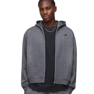 Sudadera con capucha gris de peso pesado para hombre con cremallera, detalles minimalistas de pedrería, estilo oversize, de algodón polar, fabricación personalizada - Product Image 1