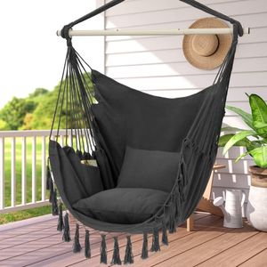 Dark Grey Macrame <b>Hammock</b> Chair Large Hanging Swing with 2 Cushions & Pocket Max 500 Lbs Capacity - Product Image 5