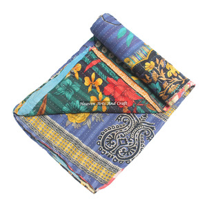 Hermosas Colchas Indias Kantha Estampadas 100% Algodón, Cosidas a Mano, de Tamaño Individual, Mantas Reversibles Indias - Product Image 1