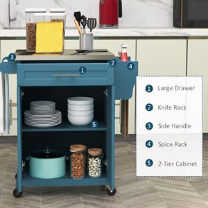 Carrello da Cucina Compatto con Isola e Spazio di Archiviazione, Piano in Acciaio Inox, Portatile, in Quercia, per Sala da Pranzo, Blu - Product Image 4