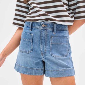 Short en jean décontracté pour femme, coupe droite, taille mi-haute, en coton/élasthanne, écologique, texture lisse, respirant, délavé, boutonné - Product Image 4