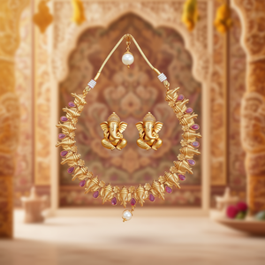 Lord Ganesha Designer Pearl Short Necklace Set with Jhumki Earrings for Bridal - Product Image 3