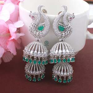 Lucy CZ Designer Jhumkas-14K Gold Plated Ethnic Drop Earrings with Pearl - Product Image 4