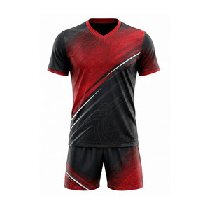 ชุดเสื้อฟุตบอลสีแดงดำสำหรับผู้ชาย พร้อมกางเกงขาสั้น ผ้าโพลีเอสเตอร์ระบายอากาศ ชุดยูนิฟอร์มฟุตบอลสำหรับผู้ใหญ่ - Product Image 1