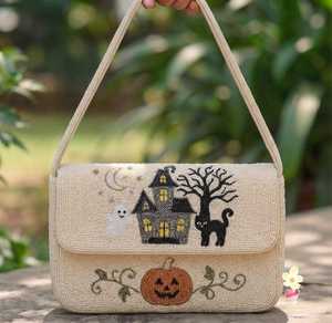 Sac à main Halloween en lin perlé, imperméable et écologique pour femme, sac à bandoulière brodé avec motifs citrouille, fantôme, chat et maison hantée - Product Image 3