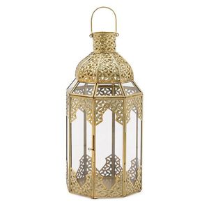 Lanterne à bougie marocaine en laiton artisanal, finition dorée, métal durable, écologique, décorative, à suspendre ou à poser, pour la maison, le jardin - Product Image 1