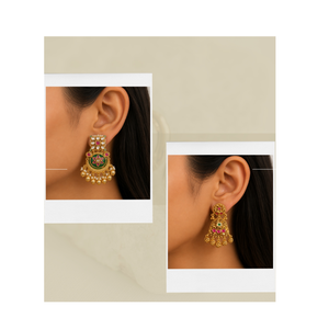Elegantes Pendientes Florales Chapados en Oro con Kundan y Esmalte Verde, Joyería Colgante Ghungroo - Product Image 1
