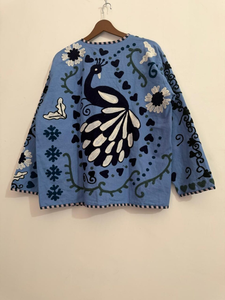 <b>Womens</b> Blue Mandarin Collar Regular Sleeve Floral <b>Embroidered</b> Open Front 100% Cotton Eco-Friendly Quick Dry Thick Quilted <b>Jacket</b> - Product Image 6