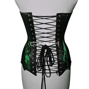 Corset élégant en satin vert de luxe avec garniture et détails floraux en maille noire - Product Image 6