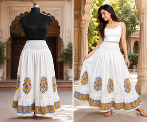 Heritage <b>White</b> Garment Women Vintage Rose Print Tiered <b>Maxi</b> Bottom Smocked High Waistband Gathered Ruffle Layered Outwear - Product Image 3
