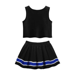 Navy Blue Polyester/Cotton Casual Durable Cheerleader Outfit Gold White Trim Short Sleeve <b>Top</b> <b>Flowy</b> Pleated Shorts Mid Waist - Product Image 2