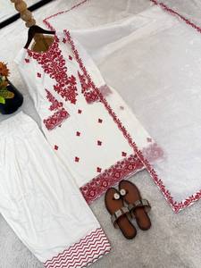 Ropa india y pakistaní de lujo, traje Farsi Salwar, bordado rojo intenso, tradicional, de 3 piezas, corte ajustado, de algodón, para fiestas. - Product Image 5
