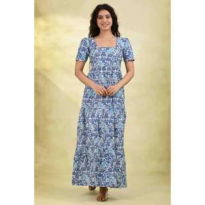 Robe longue d'été en coton imprimé, taille naturelle, écologique, douce, respirante, décontractée pour femme - Product Image 1