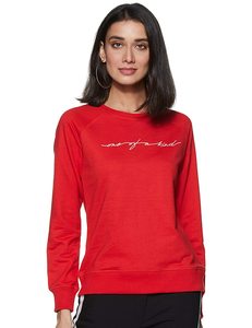 Sweat-shirt rouge à col rond pour femme, manches longues, en coton tricoté respirant, imprimé lettres sur le devant, style décontracté, style automne - Product Image 3