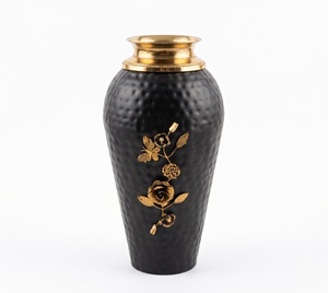 Luxury matte black floor <b>vase</b> <b>small</b> with hammered gold rim and intricate floral vine detailing. Premium home decor centerpiece - Product Image 4