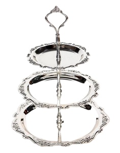 New design two tier square metal serving stand with ornate cutwork design and polished silver finish perfect for desserts snacks - Product Image 1