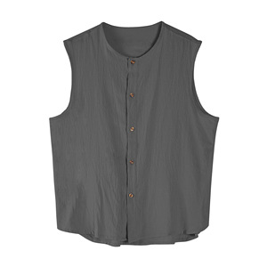 2026 Summer Plain Cotton Linen Breathable <b>Shirts</b> for Men Button Sleeveless Blouses Camisas Blank Design - Product Image 2