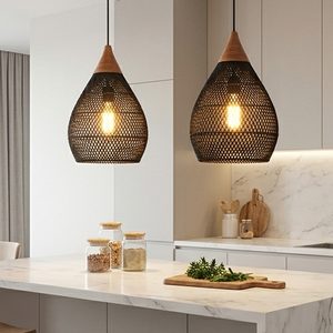 Lámpara colgante de ratán negro premium, moderna, con tapa de madera, estilo bohemio chic, lámpara de bambú para el hogar, restaurante, cafetería. - Product Image 6